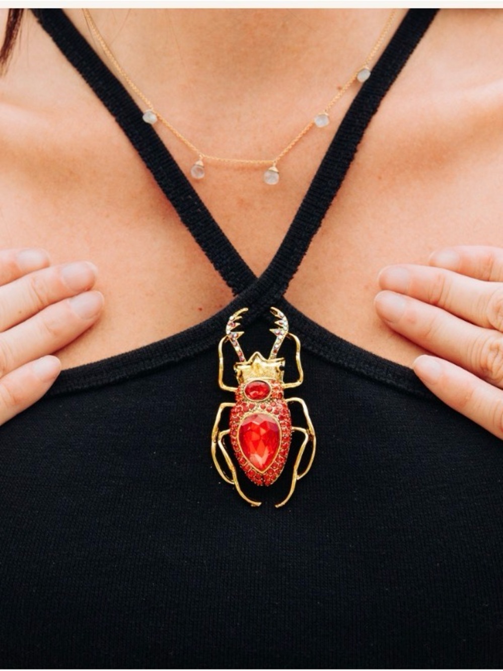 Gold Tone Red Beetle Brooch - Statement Women's Jewelry